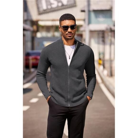 Mens Zip Up Cardigan Sweater Slim Fit Knit Full Zip Stand Collar Casual Sweater - Picture 3 of 7
